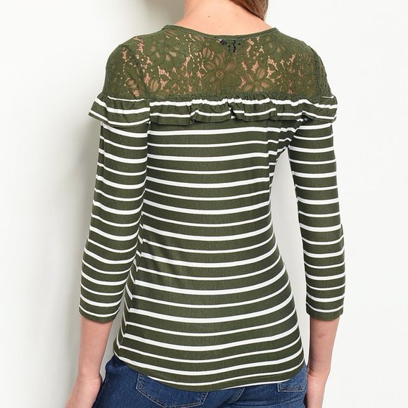 Olive White Stripe Lace Ruffle Soft Stretch Top - Picture 3 of 7